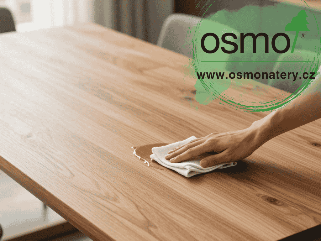 aplikace oleje na dřevěný jídelní stůl